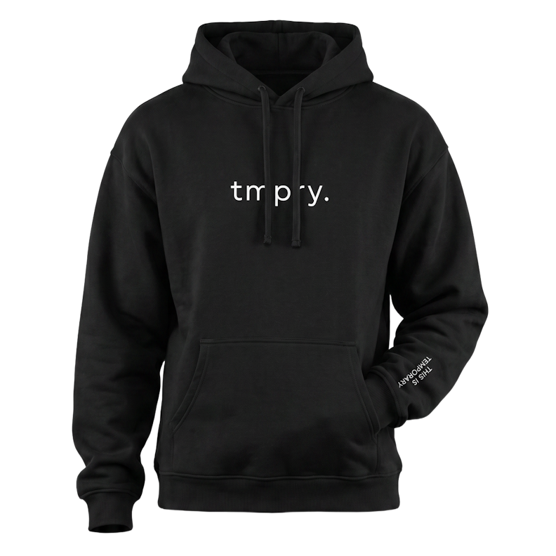 TMPRY Initiation Hood in 400GSM raw black fleece with architectural silhouette and tactical embroidery.