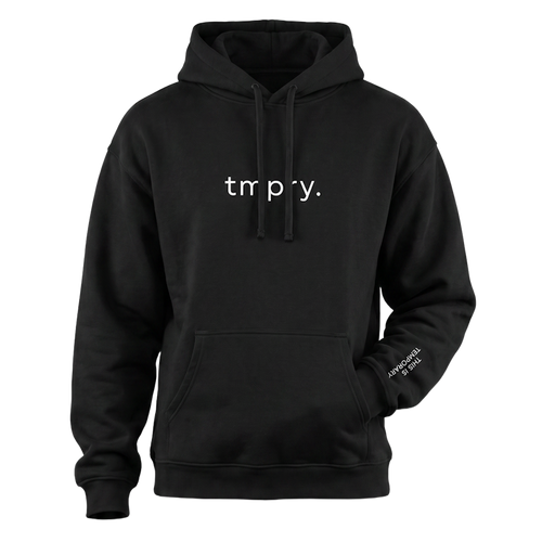 TMPRY Initiation Hood in 400GSM raw black fleece with architectural silhouette and tactical embroidery.